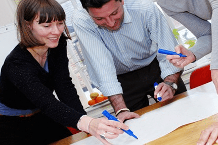 Group of professionals collaborating on a brainstorming session, using markers on a large sheet of paper, emphasizing teamwork and co-creation in a training environment.