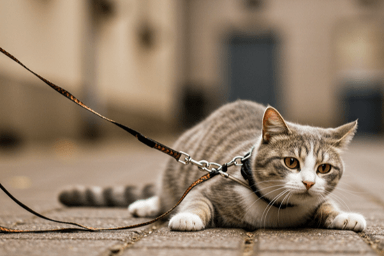 Cat on a leash lying on a sidewalk, illustrating the importance of adaptability and confidence in presentation skills for career advancement.